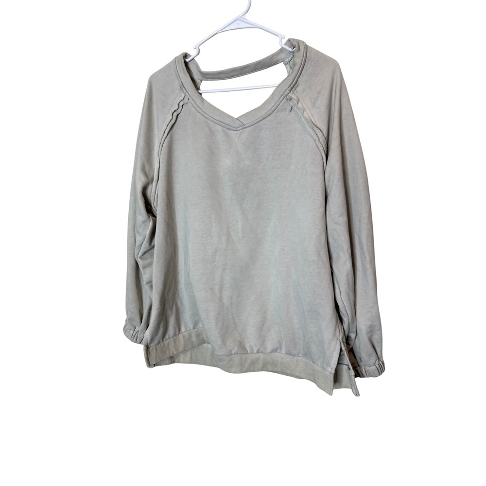 POL Sweatshirt Womens Medium Beige V Neck Open Back Strap Raglan Knit Pullover
